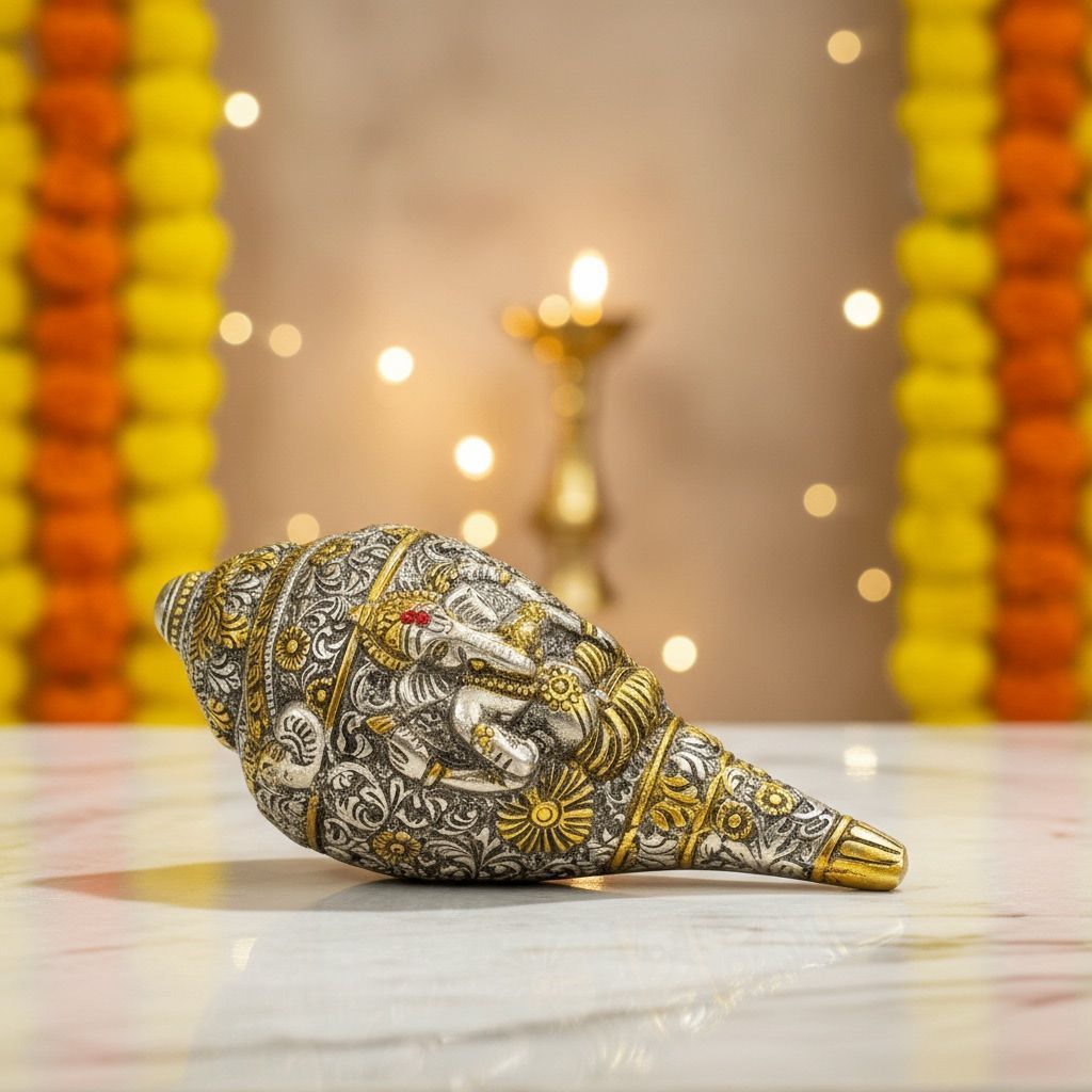 Aluminium Shankh Ganesh Statue | Lord Ganesha Religious Showpiece, Height : 4 Inch (ASMAS536 T)