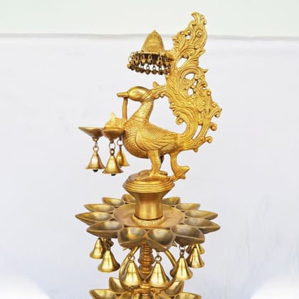 Beautiful Peacock Shape 3 Floor Brass Metal Hand Made Oil Lamp  - Multilayered Brass Deepak for Aarti, Height : 48 Inch (BSMAS1208 A)