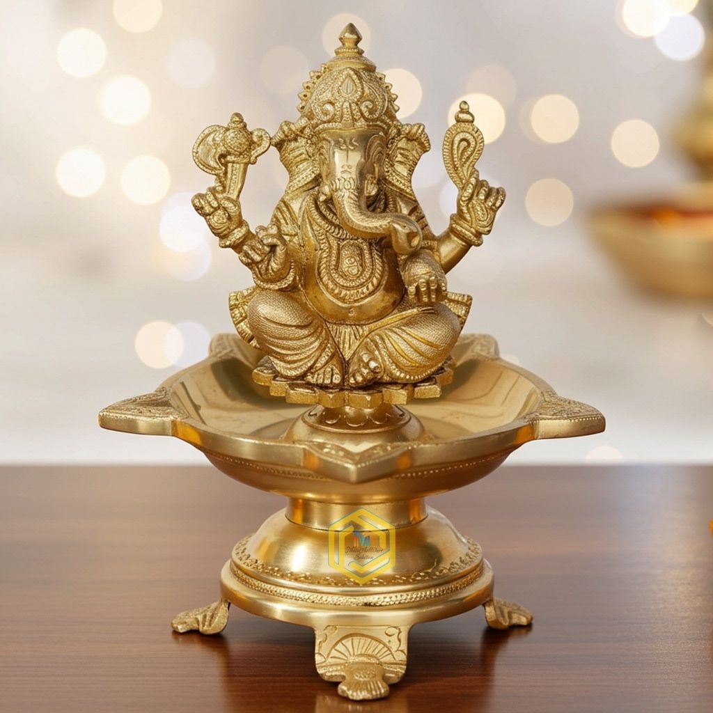 Brass Table Decor Ganesha Oil Lamp Deepak 6 Wicks - Auspicious Diya for Worship & Gifts, Height : 8 Inch (BSMAS1177 A)