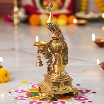 Brass Table Decor Oil Lamp, Deepak  - Classic Puja Deepak for Home Temple, Height : 15 Inch (BSMAS1255 D)