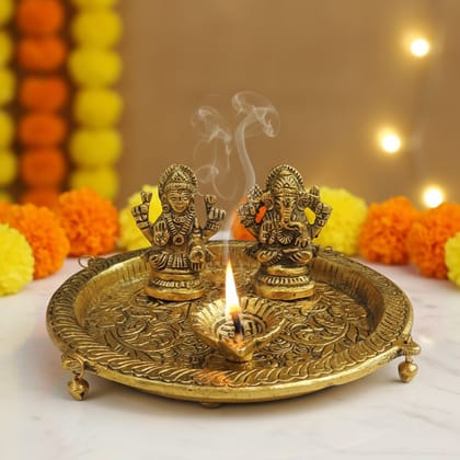Aluminium Laxmi Ganesh Puja Thali � Decorative Festive Pooja Plate Set, Height : 2.5 Inch (ASMAS506 G)