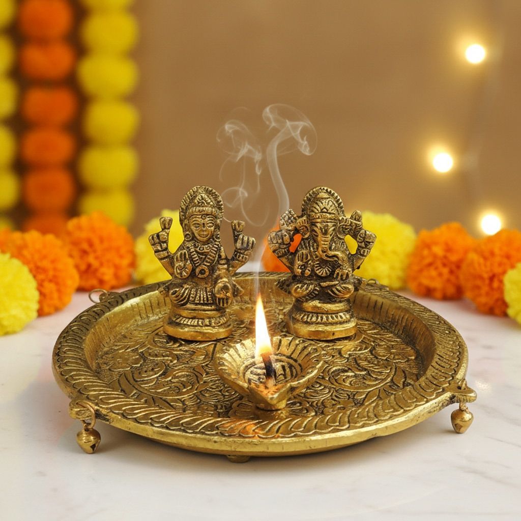 Aluminium Laxmi Ganesh Puja Thali � Decorative Festive Pooja Plate Set, Height : 2.5 Inch (ASMAS506 G)