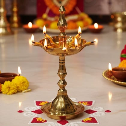 Brass Kerala Fancy Deepak, Oil Lamp No. 3  - Small Brass Diya for Mandir D�cor, Height : 6.7 Inch (FMAS642 O)