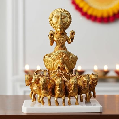 Brass Showpiece Surya Dev Rath Statue | Handcrafted Sun God Idol for Home, Temple & Vastu Decor, Height : 11 Inch (BSMAS191 B)