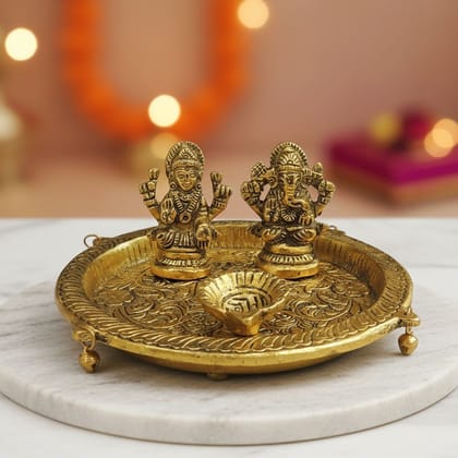 Aluminium Laxmi Ganesh Puja Thali � Decorative Festive Pooja Plate Set, Height : 2.5 Inch (ASMAS506 G)