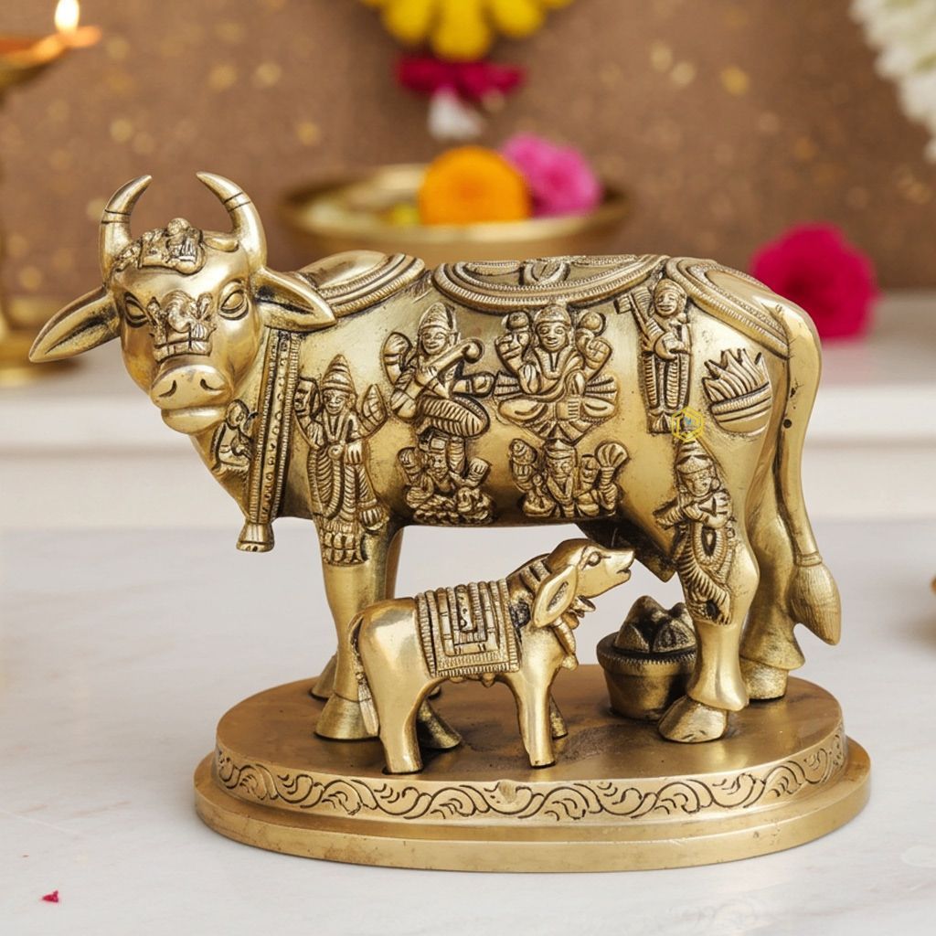 Brass Cow & Calf Statue - Symbol of Prosperity & Faith, Height : 5.2 Inch (BSMAS984 B)