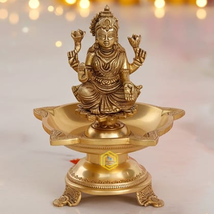 Brass Table Decor Laxmi Oil Lamp Deepak 6 Wicks  - Traditional Puja Deepak for Wealth & Prosperity, Height : 8 Inch (BSMAS1181 A)