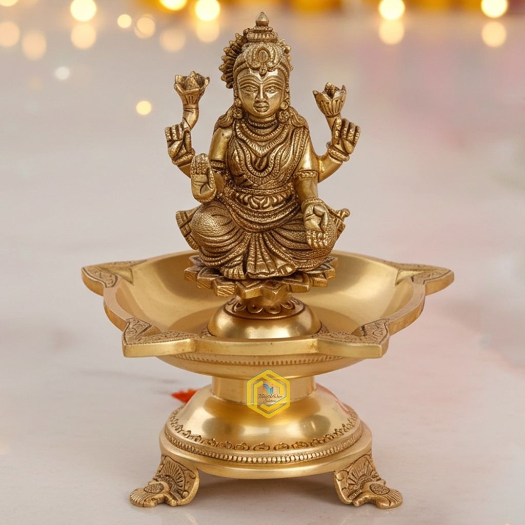 Brass Table Decor Laxmi Oil Lamp Deepak 6 Wicks  - Traditional Puja Deepak for Wealth & Prosperity, Height : 8 Inch (BSMAS1181 A)
