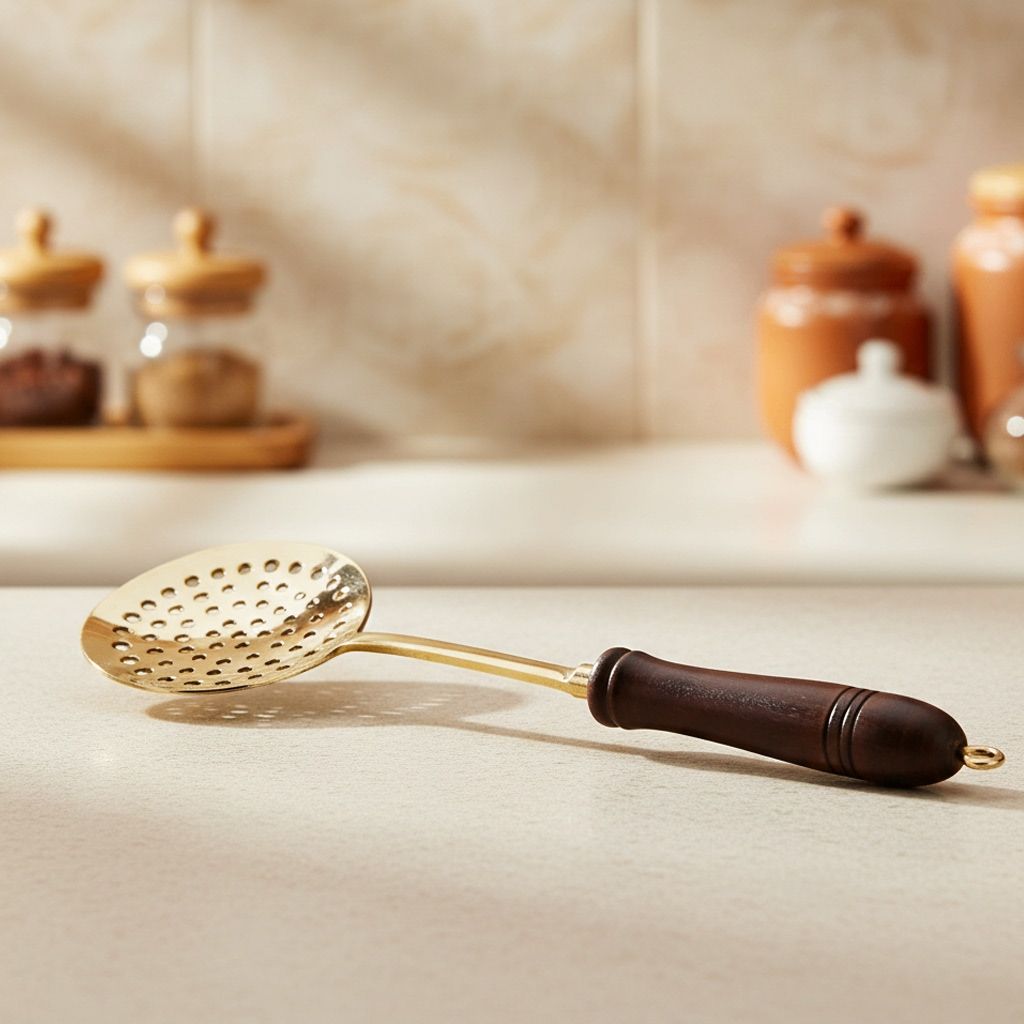 Brass Karchali with Wooden Handle | Traditional Serving Spoon, Height : 1 Inch (BCMAS178 E)