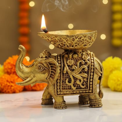 Brass Elephant Diya Showpiece | Temple Lighting Decor, Height : 2 Inch (BSMAS1913 C)
