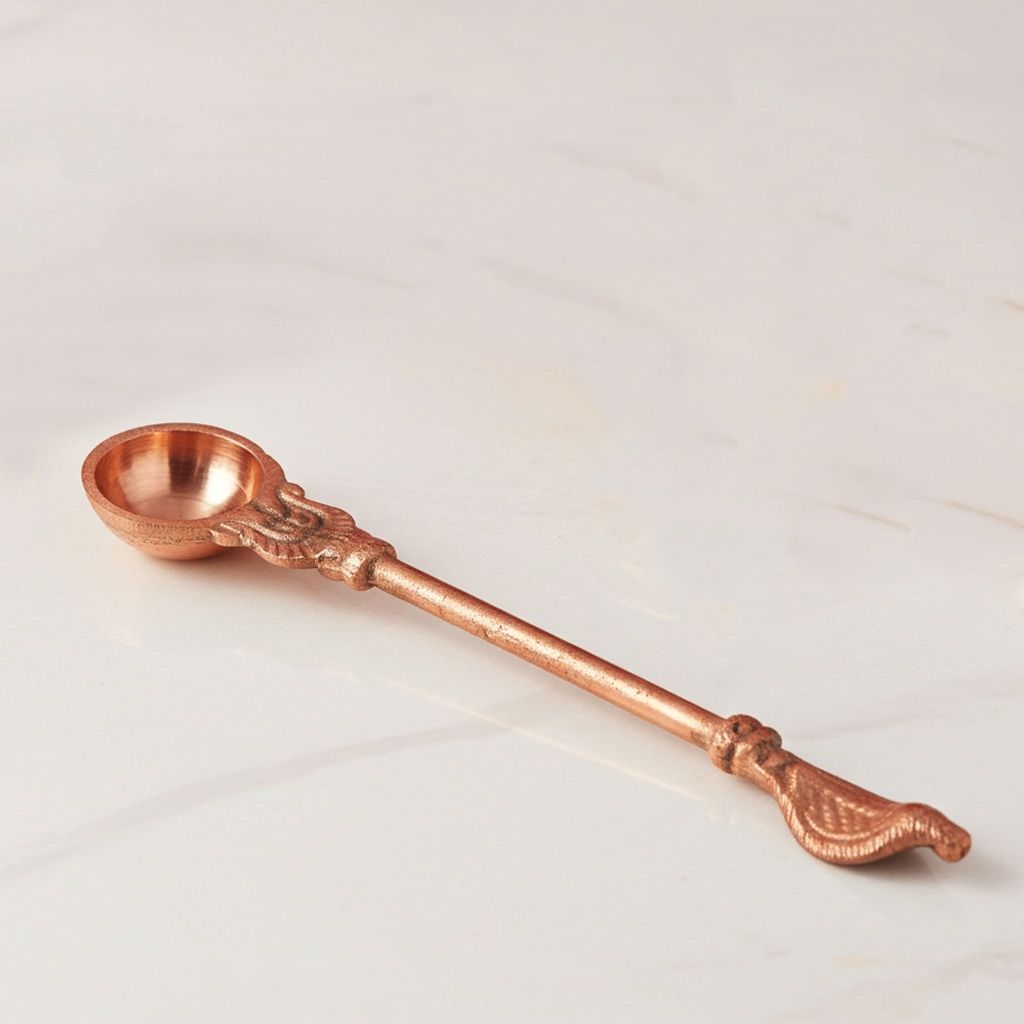 Copper Pooja Achmani Pot � Sacred Ritual Vessel, Length : 5.6 Inch (ZMAS307 D)