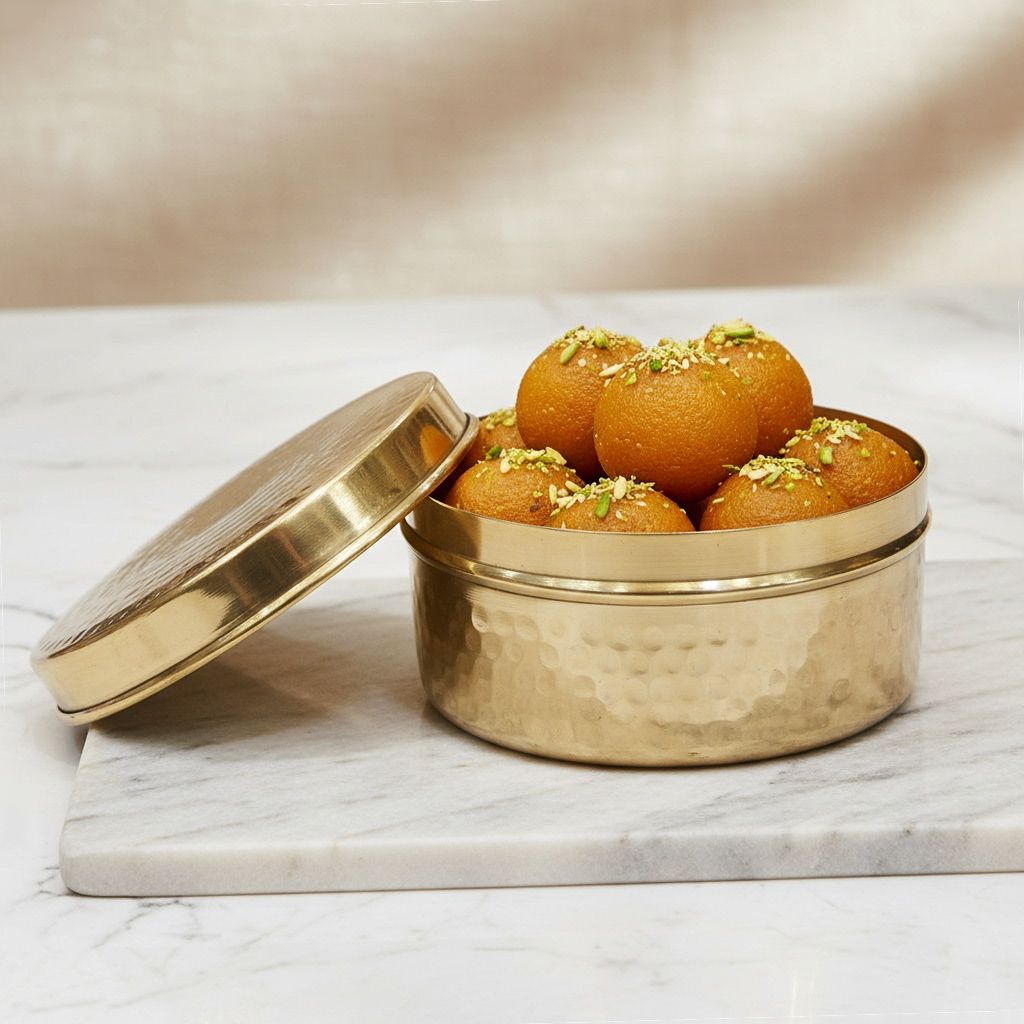 Decorative Brass Laddu Box | Religious Offering Storage, Height : 2.2 Inch (ZMAS645 C)
