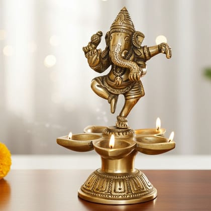 Brass Lord Dancing Ganesh Oil Lmap Deepak 5 Wicks  - Traditional Puja Diya, Height : 6 Inch (BSMAS1192 A)