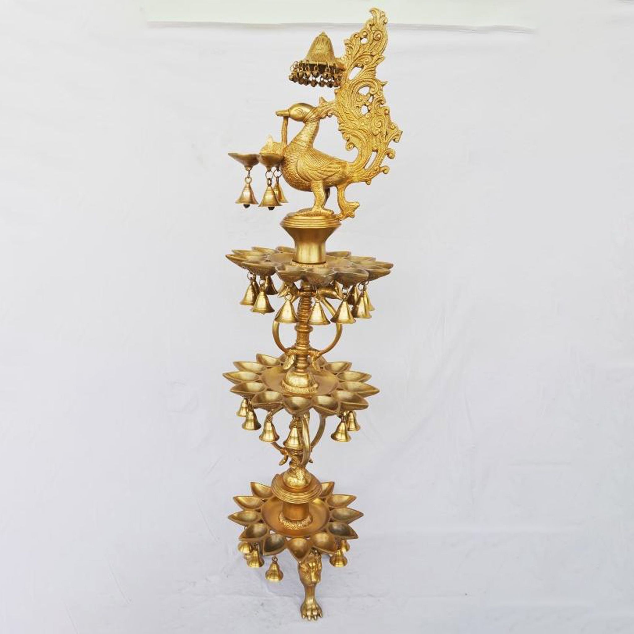 Beautiful Peacock Shape 3 Floor Brass Metal Hand Made Oil Lamp - Multilayered Brass Deepak for Aarti, Height : 48 Inch (BSMAS1208 A)