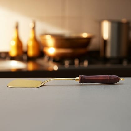 Brass Palta with Wooden Handle | Indian Kitchen Turner, Height : 1 Inch (BCMAS178 F)