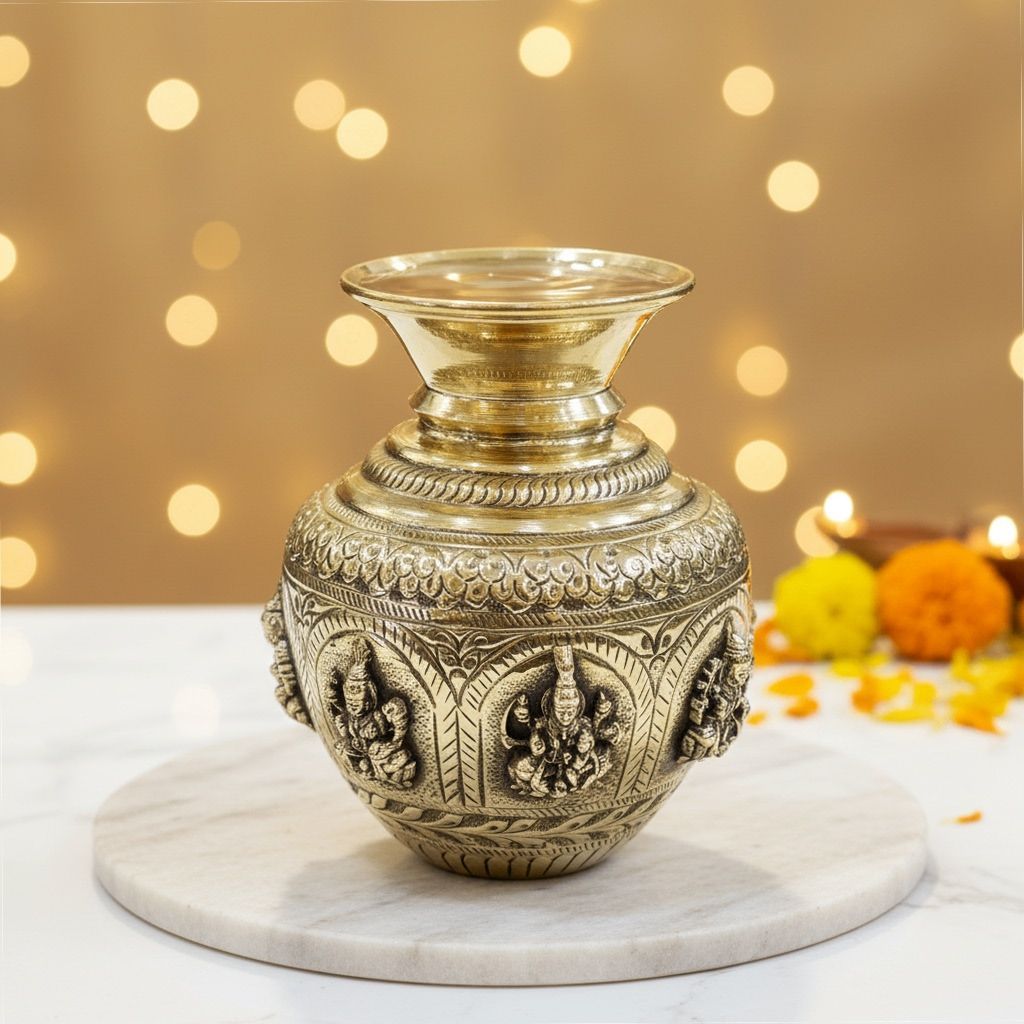 Brass Ashta Lakshmi Lota | Sacred Water Pot for Puja, Height : 6 Inch (BSMAS1914 D)