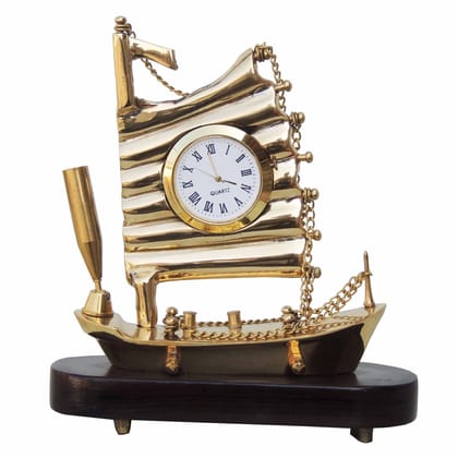 Brass & Wood Ship Clock Big Showpiece | Luxury Marine Theme Home Décor, Height : 6.5 Inch (ZMAS111 B)