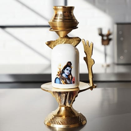 Brass Shivling With White Stone � Size 0 Sacred Lingam, 3, Height : 3.8 Inch (ZMAS462 A)