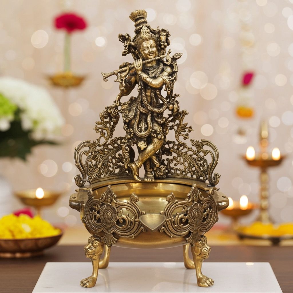 Brass Flower Urli with Krishna - Decorative Art Bowl, Diameter : 19 Inch (BSMAS1490 A)