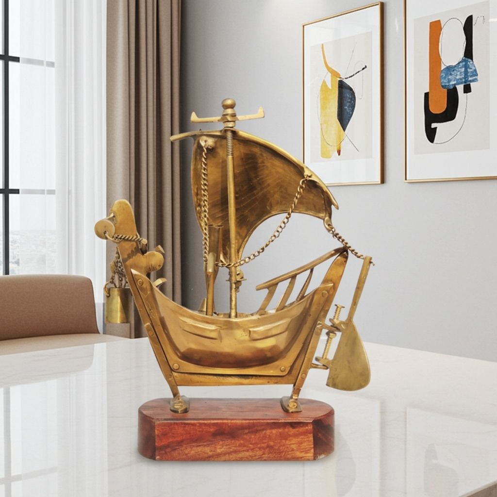 Brass Ship Decor with Polished Wooden Base – Premium Showpiece, Height : 9 Inch (MRMAS219 A)