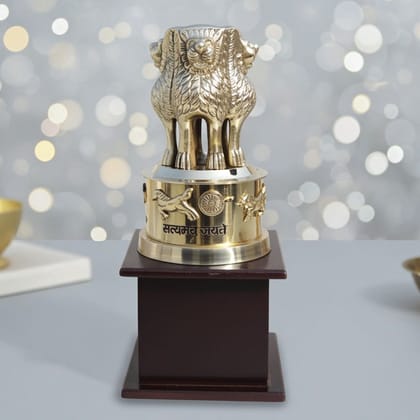 Brass Ashoka Stambh with Wooden Base – Executive Desk Showpiece, Height : 10 Inch (FMAS720 G)