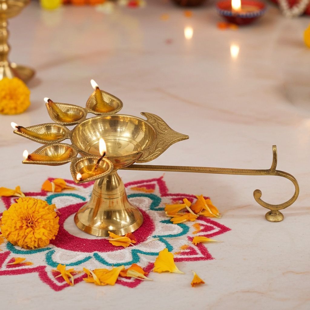 Brass Table Decor Oil Lamp Deep Jyoti 5 Wicks  - Deep Jyoti Style Brass Diya for Mandir, Height : 4.1 Inch (FMAS317 H)