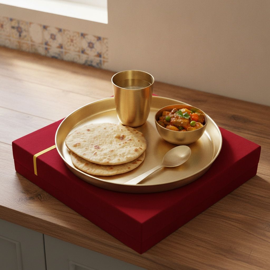 Bronze Small Dinner Thali Set | Bronze Dinnerware | Traditional Bronze Thali in Velvet Gift Box, Height : 1 Inch (BCMAS214 D)