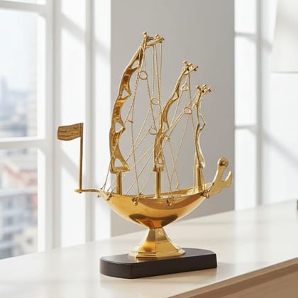 Luxury Brass Ship Model with Wooden Base – Home Showcase Decor, Height : 9.5 Inch (MRMAS222 B)