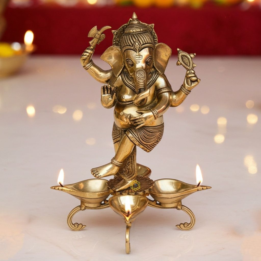 Brass Dancing Ganesha Oil Lamp Deepak 4 Wicks  - Devotional Puja Deepak, Height : 13 Inch (BSMAS1186 A)