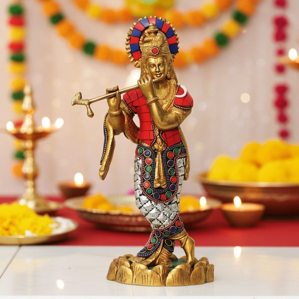Brass Krishna Stone Idol (BSMAS427 B)