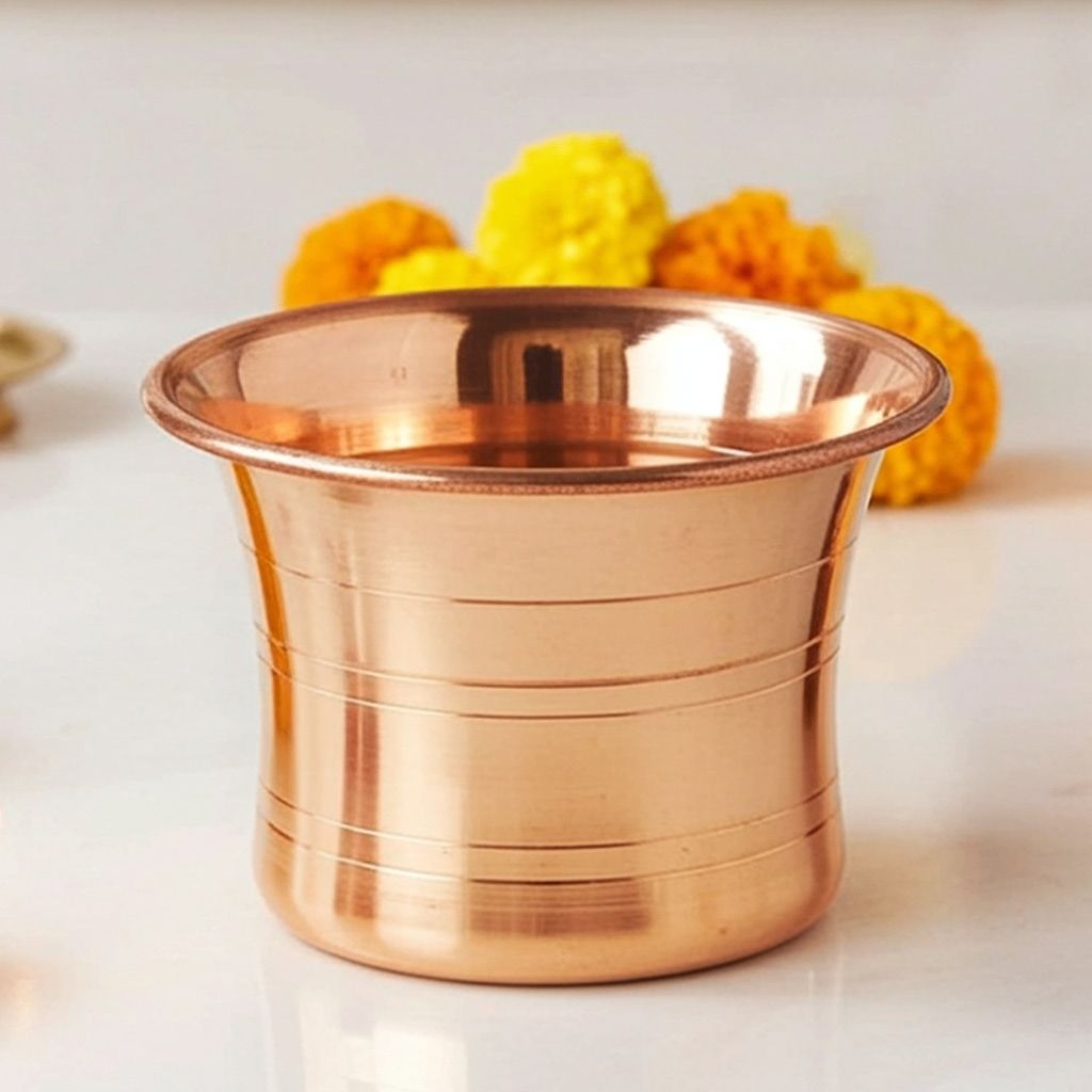 Copper Achmani Panchpatra � Traditional Pooja Water Vessel, Height : 2.5 Inch (ZMAS305 D)