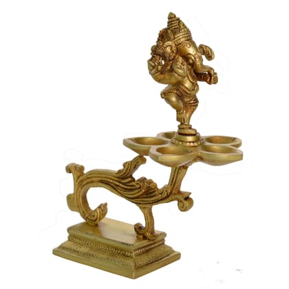 Brass Table Decor Ganesha Oil Lamp Deepak 5 Wicks  - Devotional Deepak for Home Mandir, Height : 7.2 Inch (BSMAS1175 A)