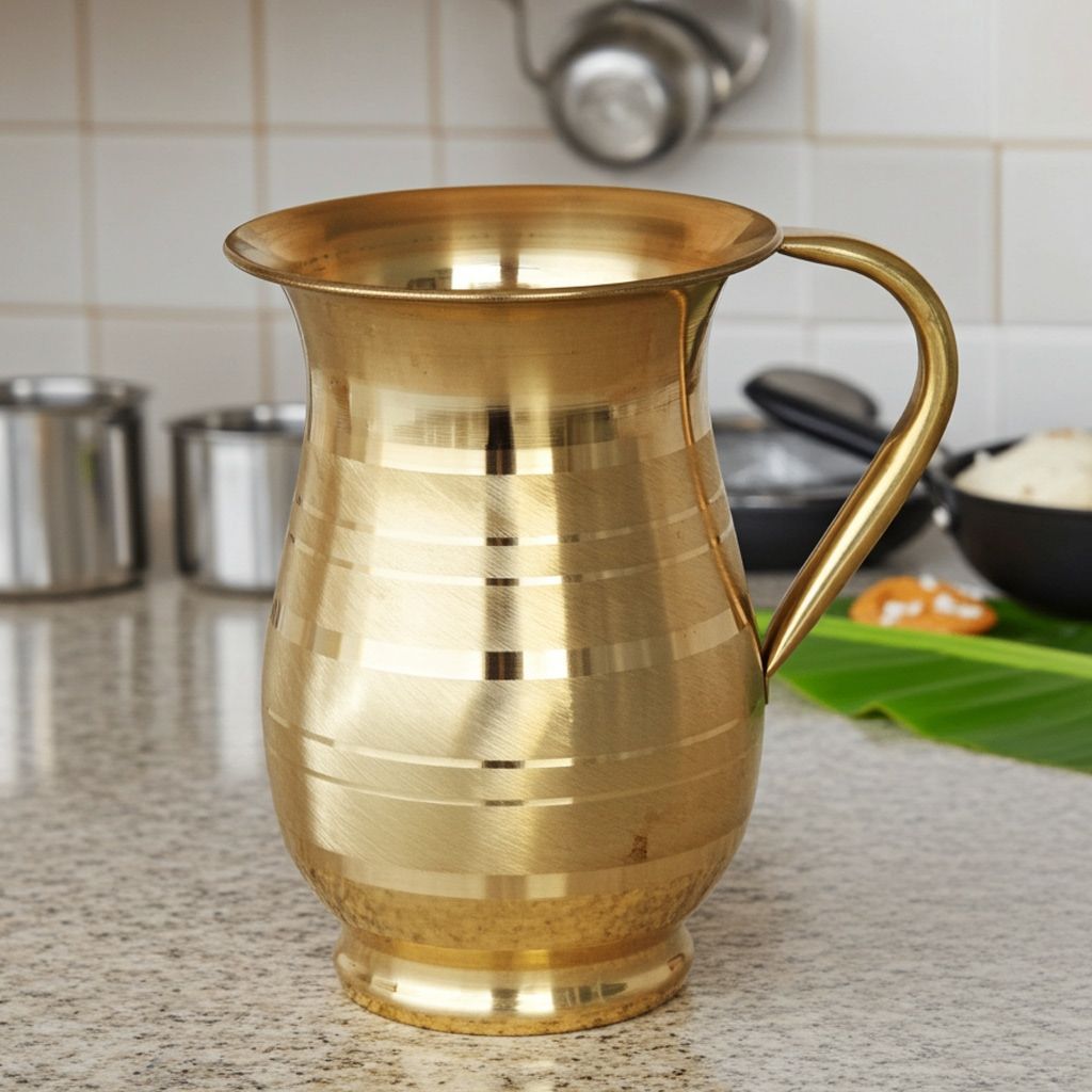 Brass Matki?Shape Water Jug � 1.5 Liter | Traditional Home Pitcher, Height : 7.4 Inch (ZMAS195 C)