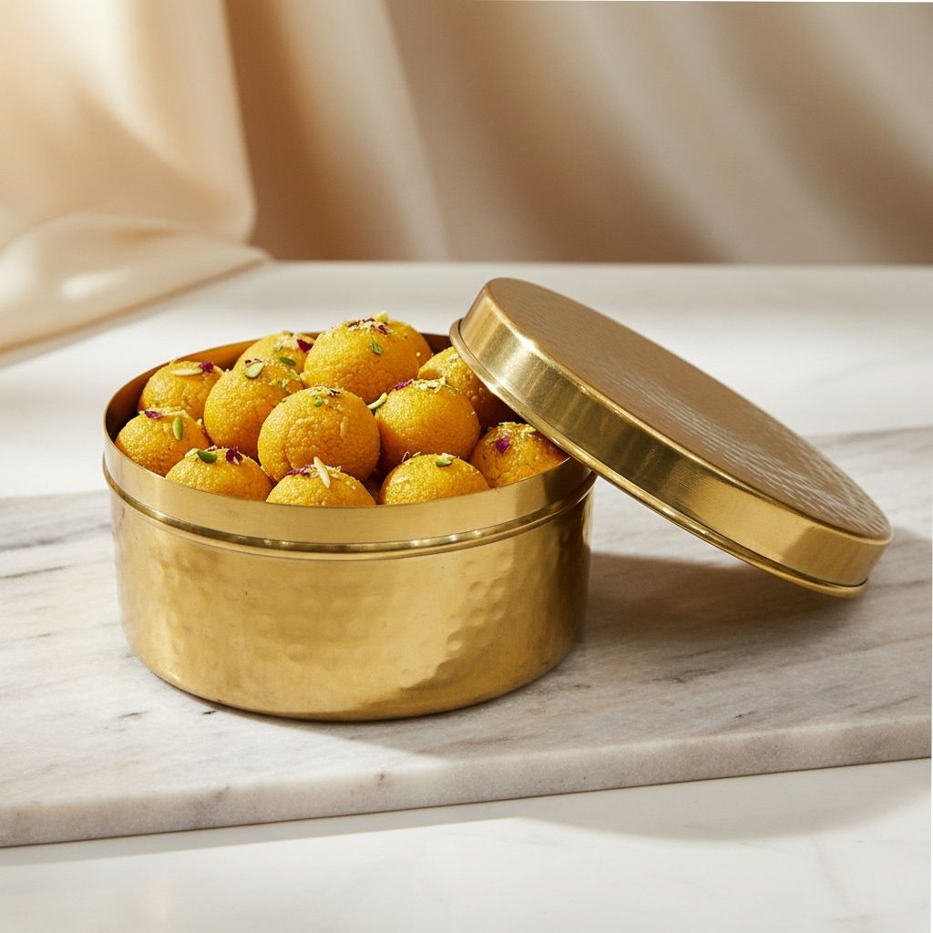 Premium Brass Laddu Storage Box | Temple Use, Height : 3 Inch (ZMAS645 E)