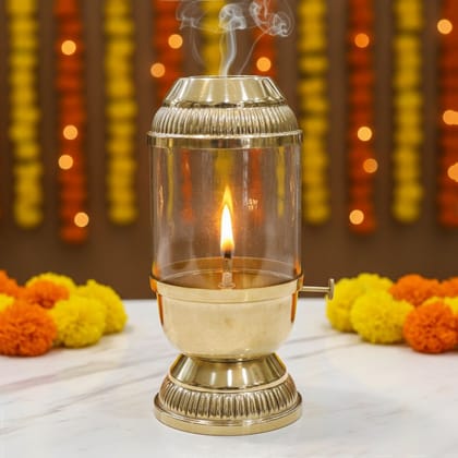 Brass Glass Chimney Diya | Traditional Aarti Lamp, Height : 9 Inch (ZMAS647 E)