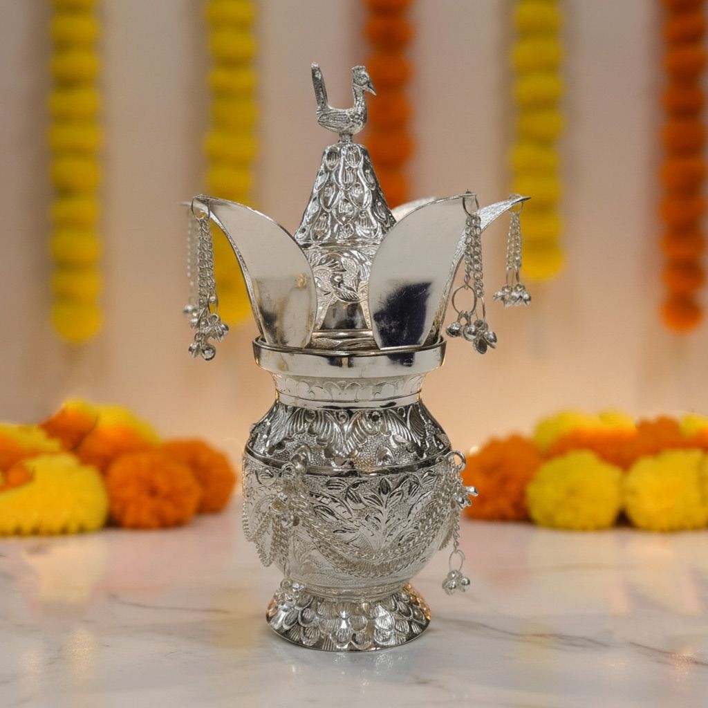Brass Decorative Silver Finish Kalash | Temple & Puja Item, Height : 10 Inch (ATMAS070 C)