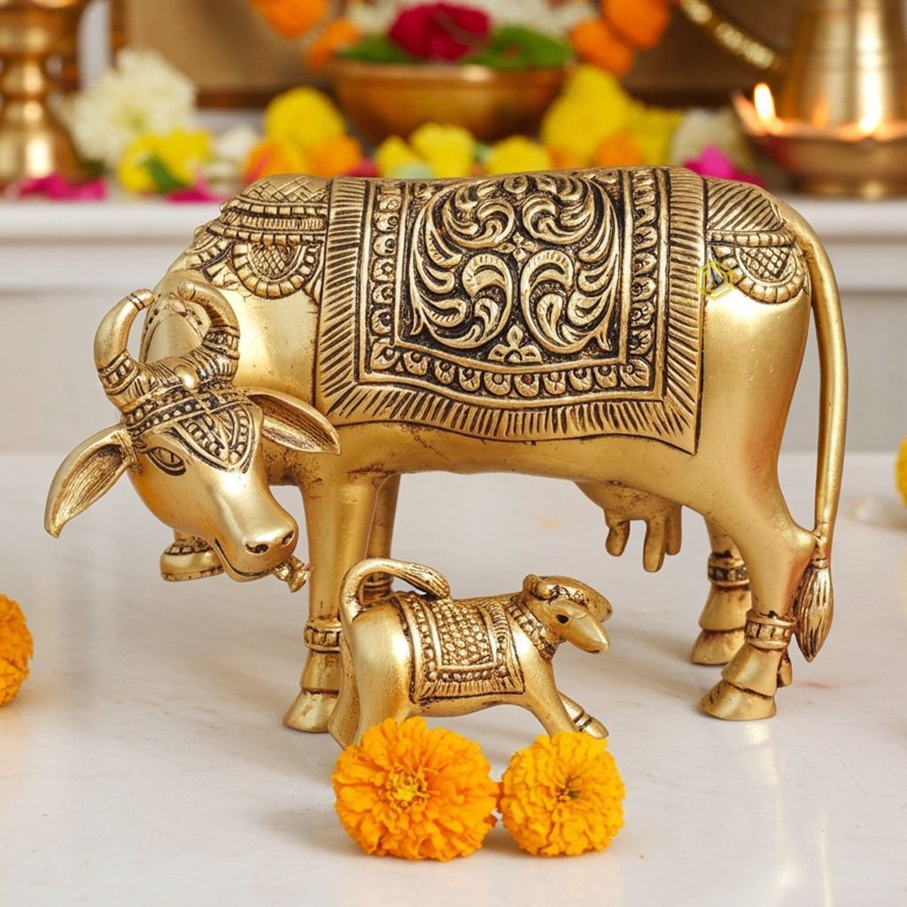 Brass Cow & Calf God Idol Statue - Holy Kamdhenu Showpiece, Height : 4 Inch (BSMAS1771 D)