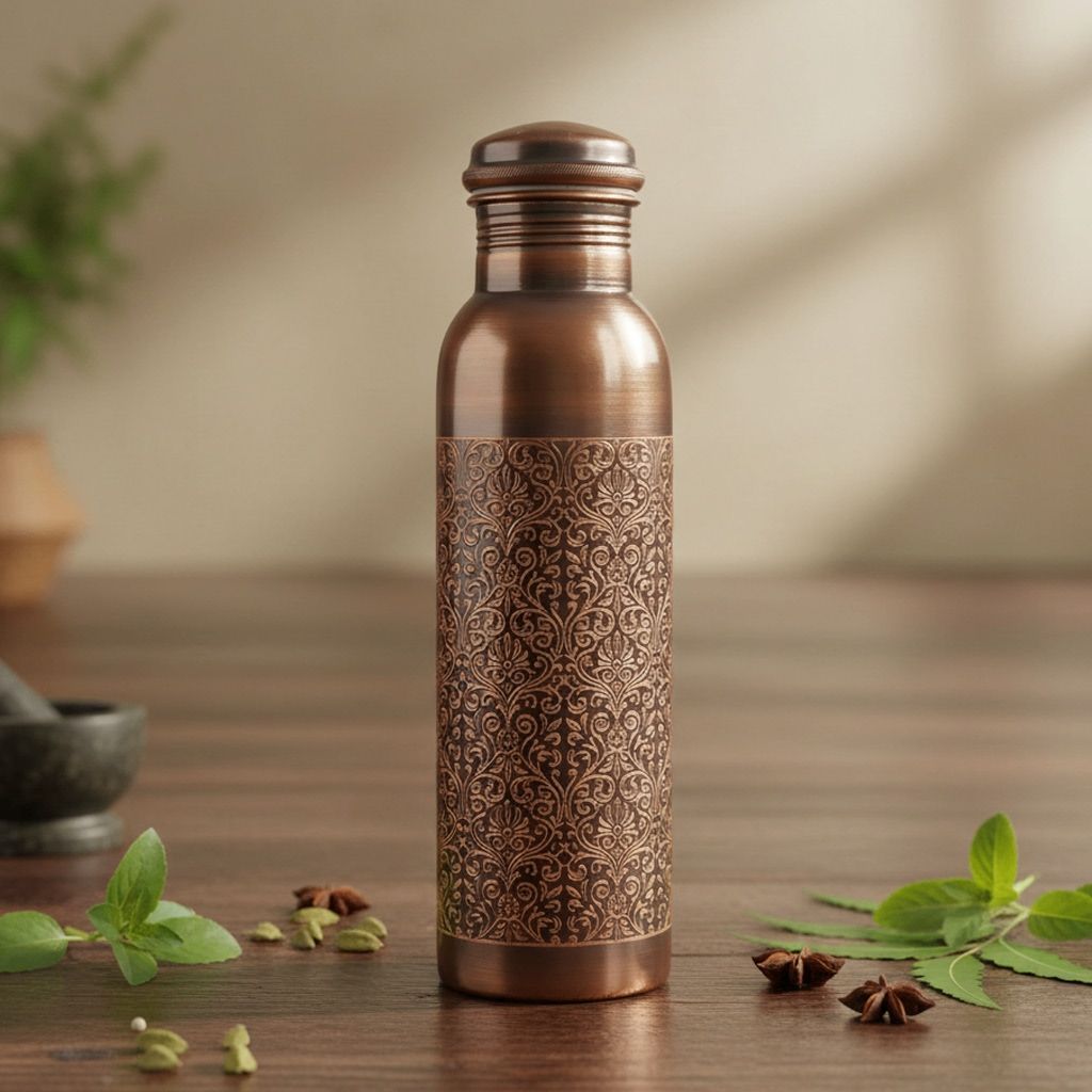 Copper Water Bottle – Handmade Pure Copper Drinking Bottle, Height : 11 Inch (BCMAS195 A)