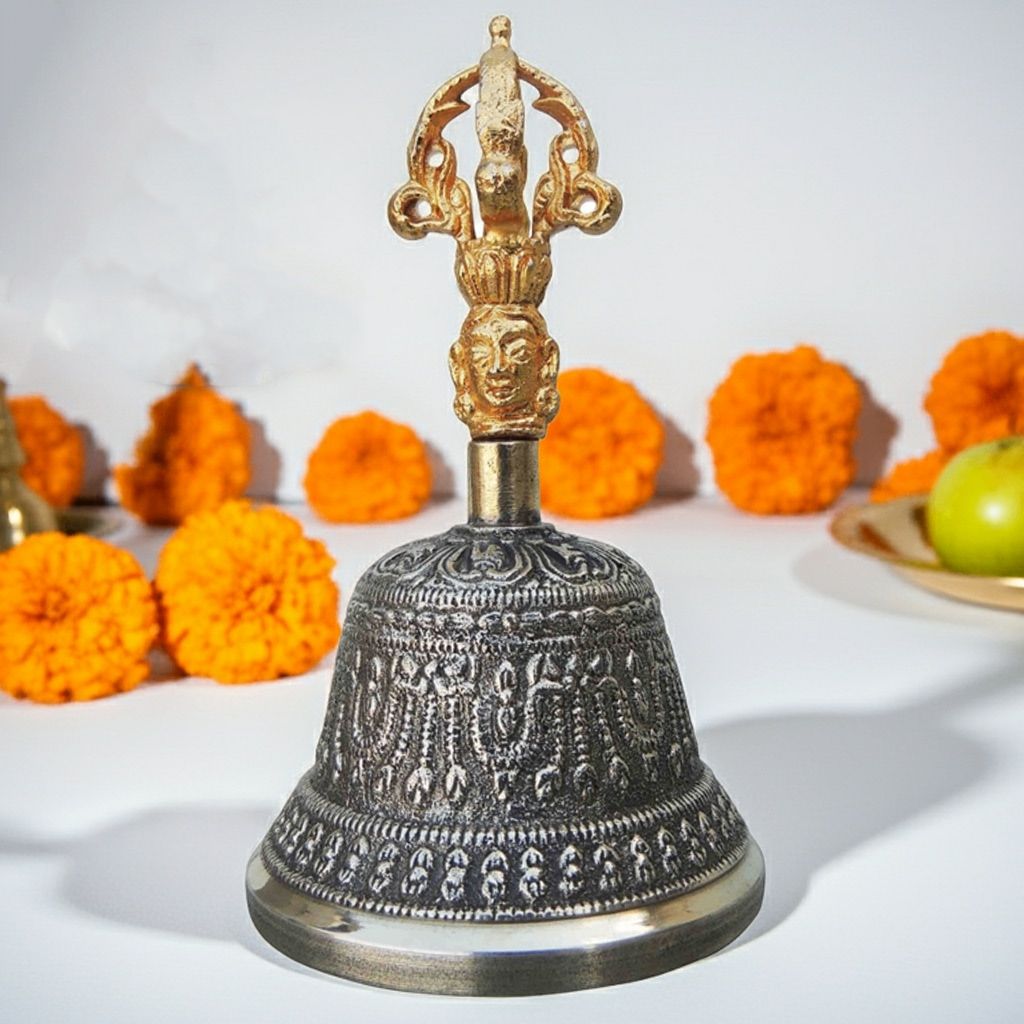 Pure Bronze Metal Hand Bell, Kansa Hand Bell No. 1, Height : 5 Inch (ZMAS114 B)