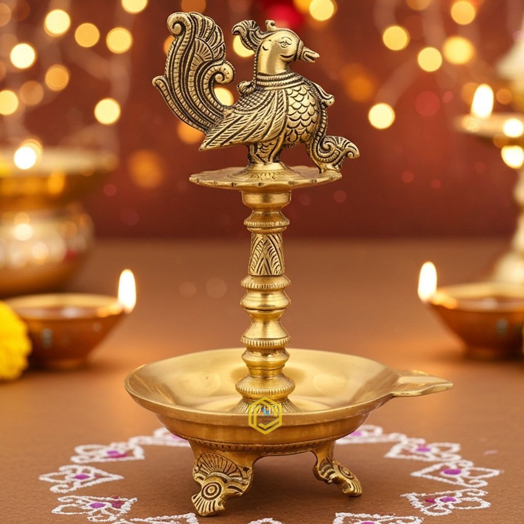Brass Bird Oil Diya Stand Small Size  - Compact Oil Lamp for Temple Use, Height : 12 Inch (BSMAS1207 A)