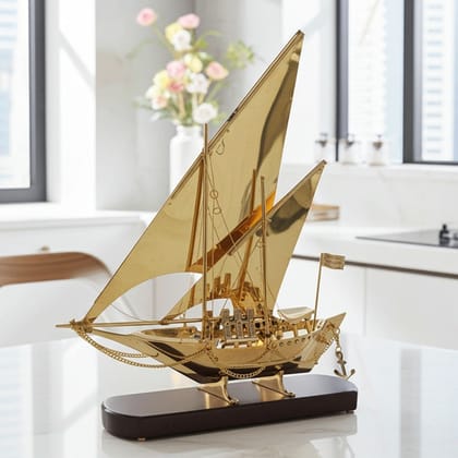 Premium Brass & Wooden Nautical Ship Model – Home Decoration, Height : 17.5 Inch (MRMAS228 C)