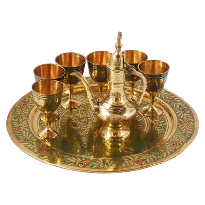 Brass Mini Wine Set With 6 Glass + Surahi | Vintage Playing Toy, Height : 0.5 Inch (ZMAS346 C)