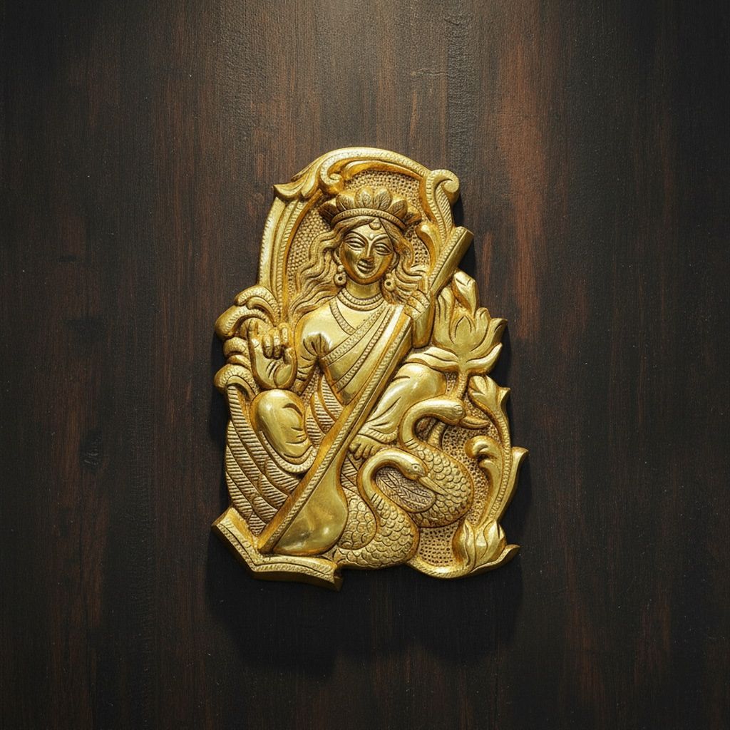 Brass Saraswati Ji Wall Hanging Plate | Maa Saraswati Wall Art | Goddess Saraswati Wall Decor, Height : 10.5 Inch (BSMAS1954 F)