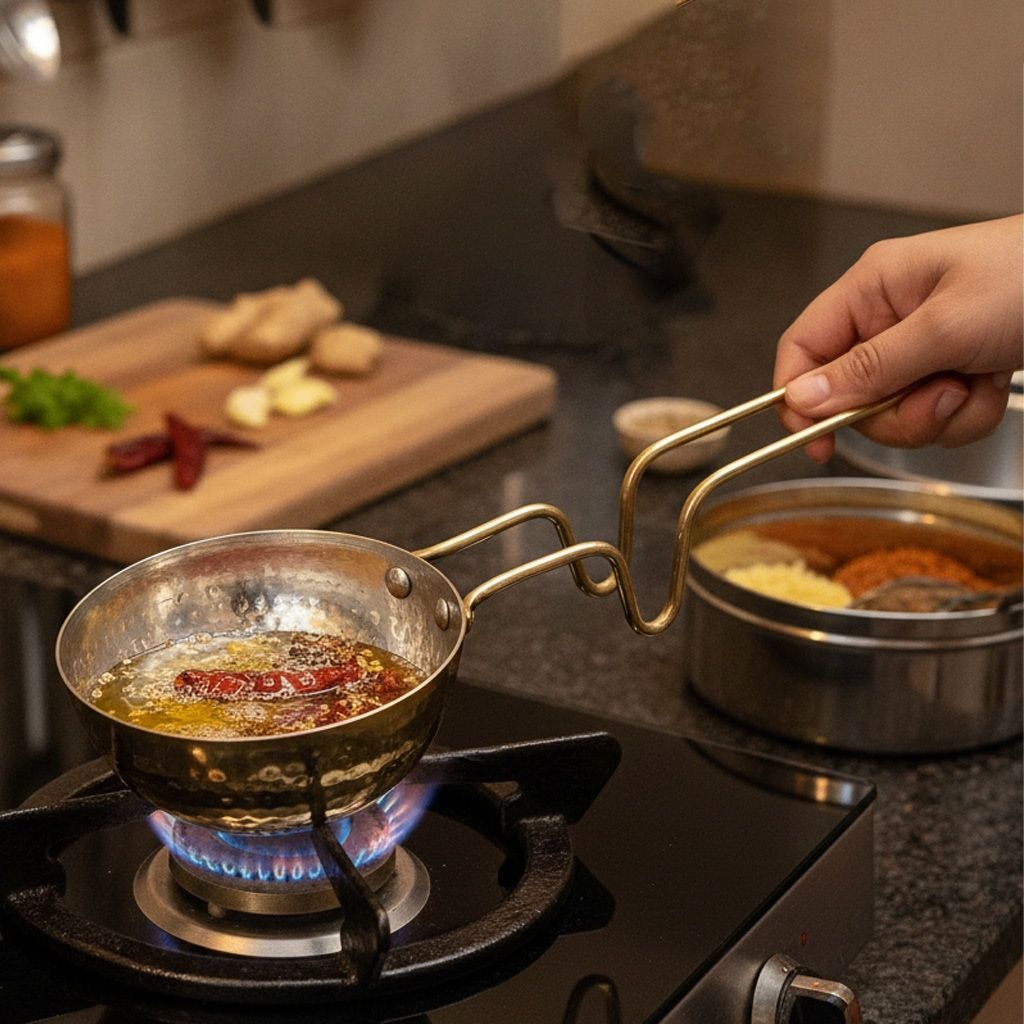 Pure Brass Tadka Pan | Handmade Small Brass Tempering Pan for Dal, Curry & Traditional Indian Seasoning (BCMAS203 C)