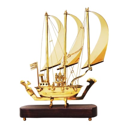 Brass Ship Model with Wooden Base – Handcrafted Home Decoration, Height : 11.8 Inch (MRMAS129 A)