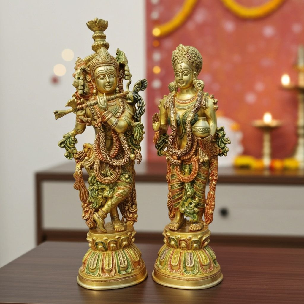 Brass Krishna Radha Pair God Idol - Religious Decor Showpiece, Height : 22 Inch (BSMAS092 A)