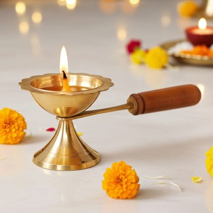 Brass Table Decor Oil Lamp Deepak With Wooden Handle  - Handcrafted Brass Diya, Height : 2.3 Inch (FMAS627 C)
