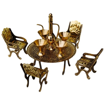 Brass Mini Dining Table Set | Miniature Toy | Collectible Home Decor, Height : 2.5 Inch (FMAS484 A)