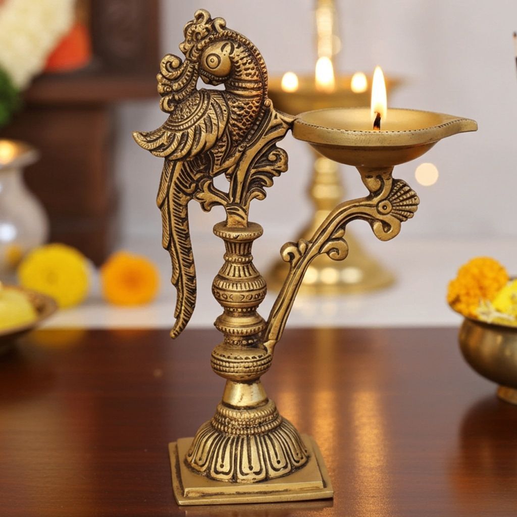 Brass Showpiece Peacock Deepak, Oil Lamp - Decorative Oil Lamp for Festival Lighting, Height : 7.5 Inch (BSMAS1798 D)