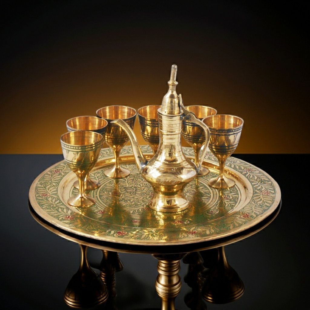 Brass Mini Wine Set With 6 Glass + Surahi | Vintage Playing Toy, Height : 0.5 Inch (ZMAS346 C)